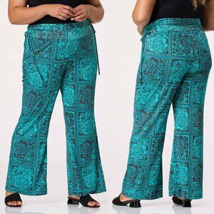 Plus Size Cato 26/28 Stretch Teal Maximalist Boho Floral Tile Side Tie Pants NWT